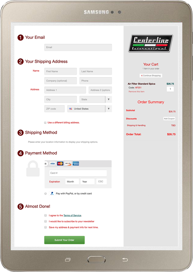Tablet screen showing Centerline website checkout page