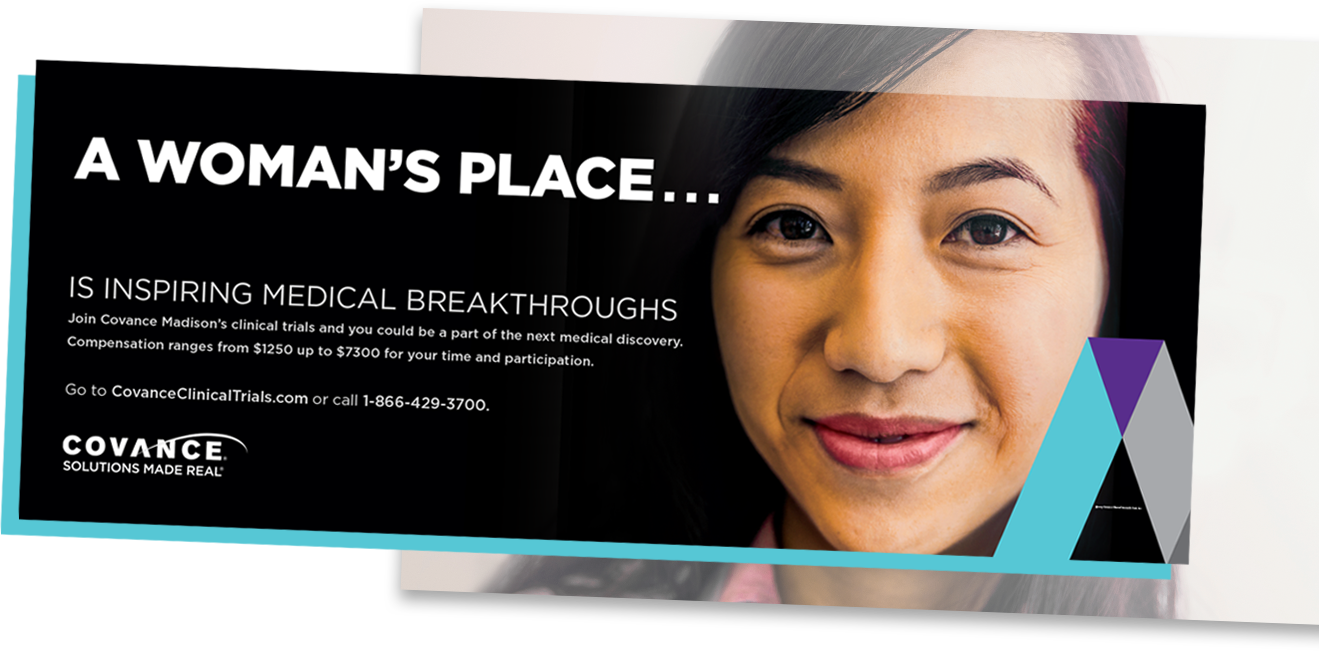 Covance bus ad: A woman's place is inspiring medical breakthroughs