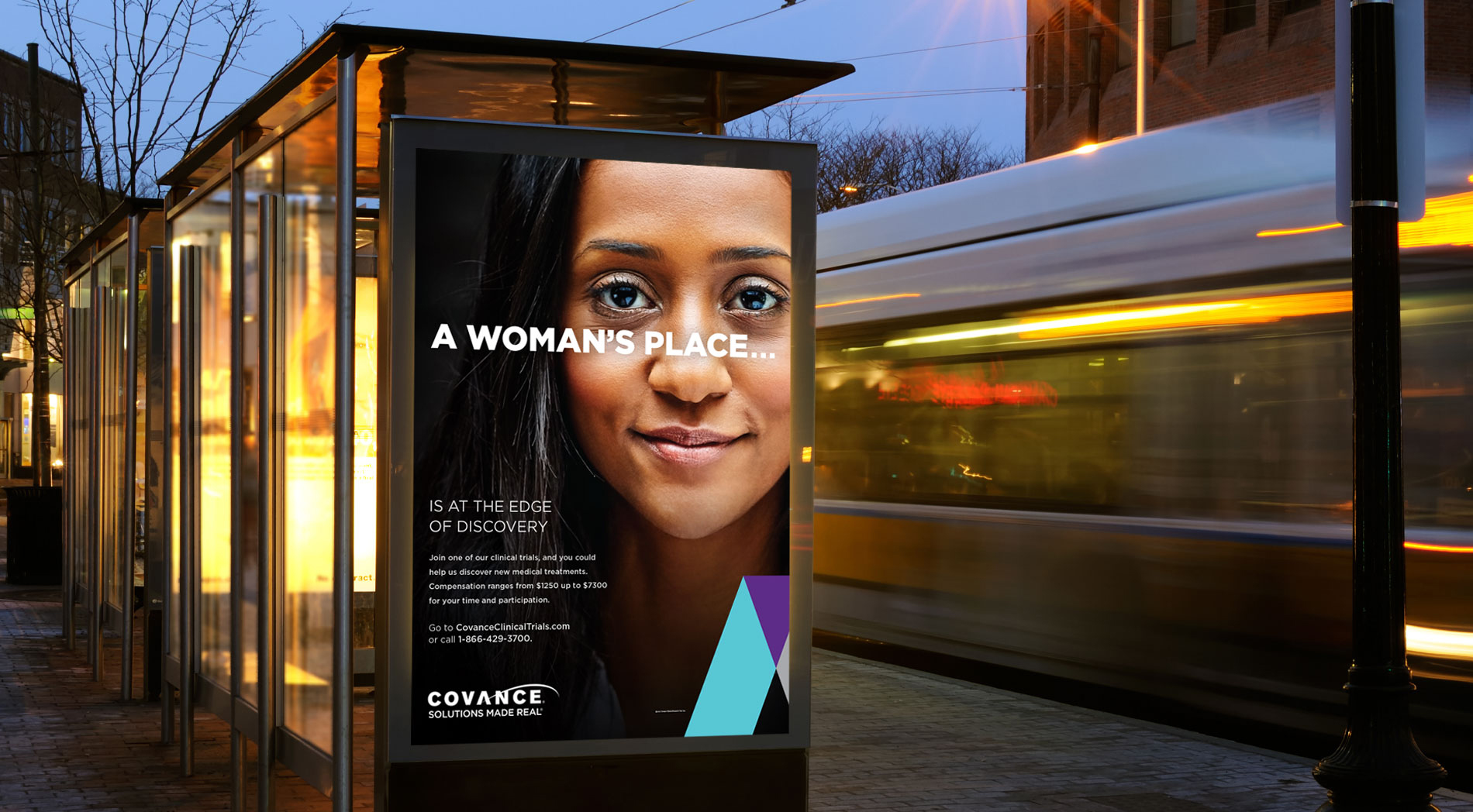 Covance bus shelter ad: A woman's place is at the edge of discovery
