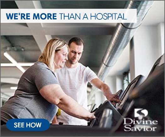 Divine Savior digital ad: trainer helping a woman on a treadmill with the words we're more than a hospital