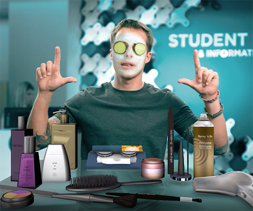 Man with face cream on and beauty products laid out in front of him