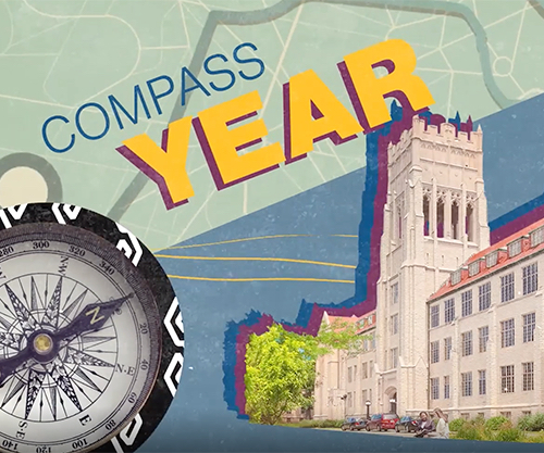 Illustration featuring Mount Mary University campus building, a compass and the words Compass Year