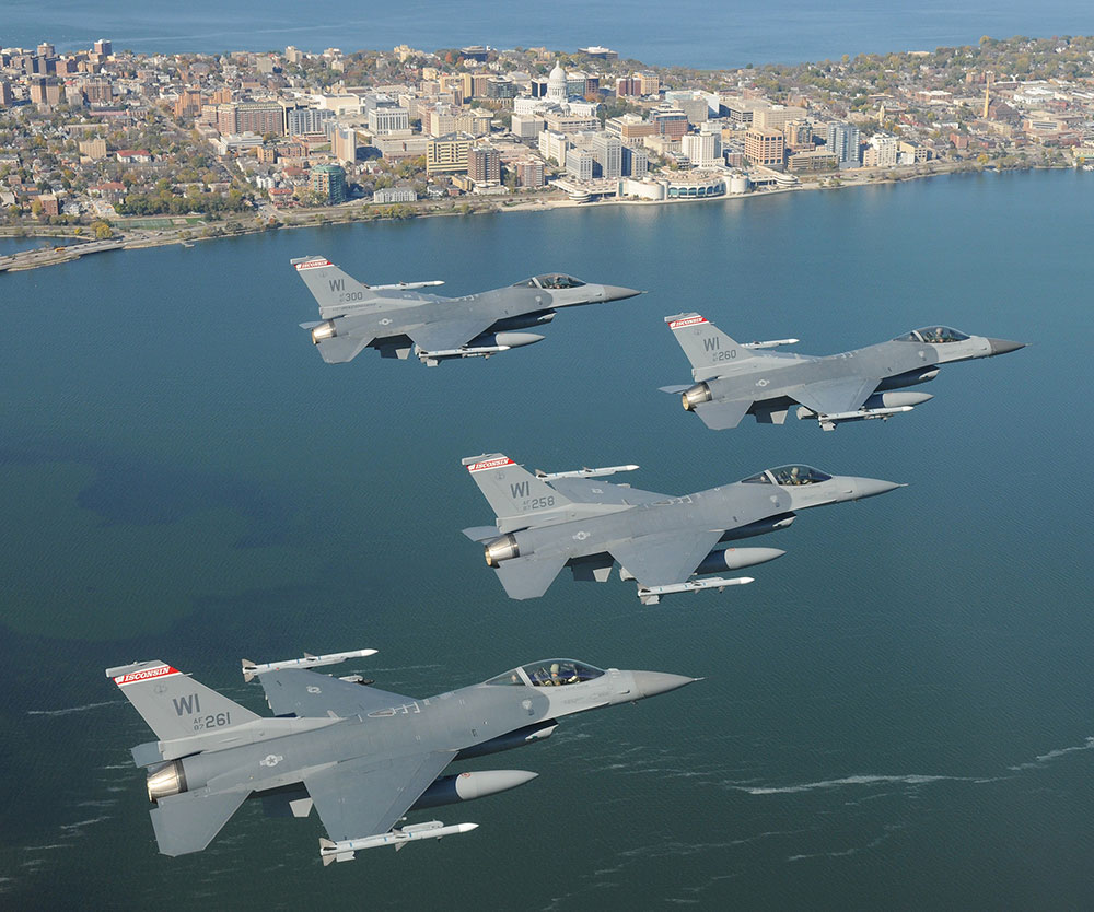 Three fighter jets flying over the Isthmus in Madison, Wisconsin