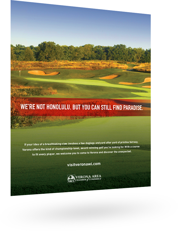 City of Verona ad featuring a golf course: We're not Honlulu. But you can still find paradise.