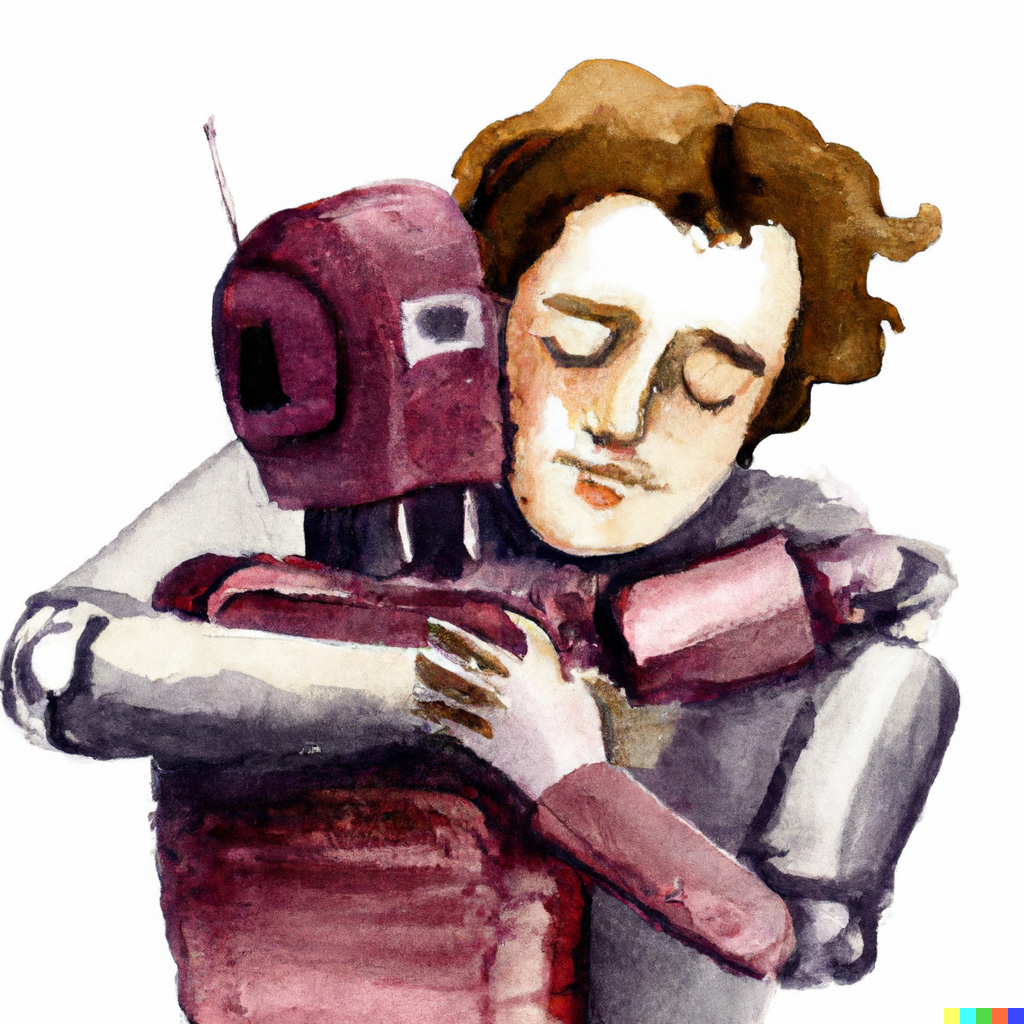 AI generated image of a robot and human hugging