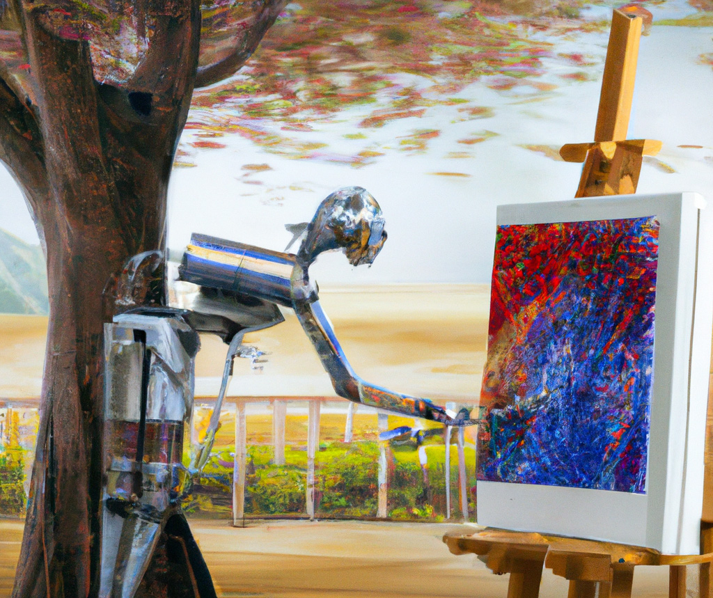 Robot painting a picture on an easel of a tree in the background