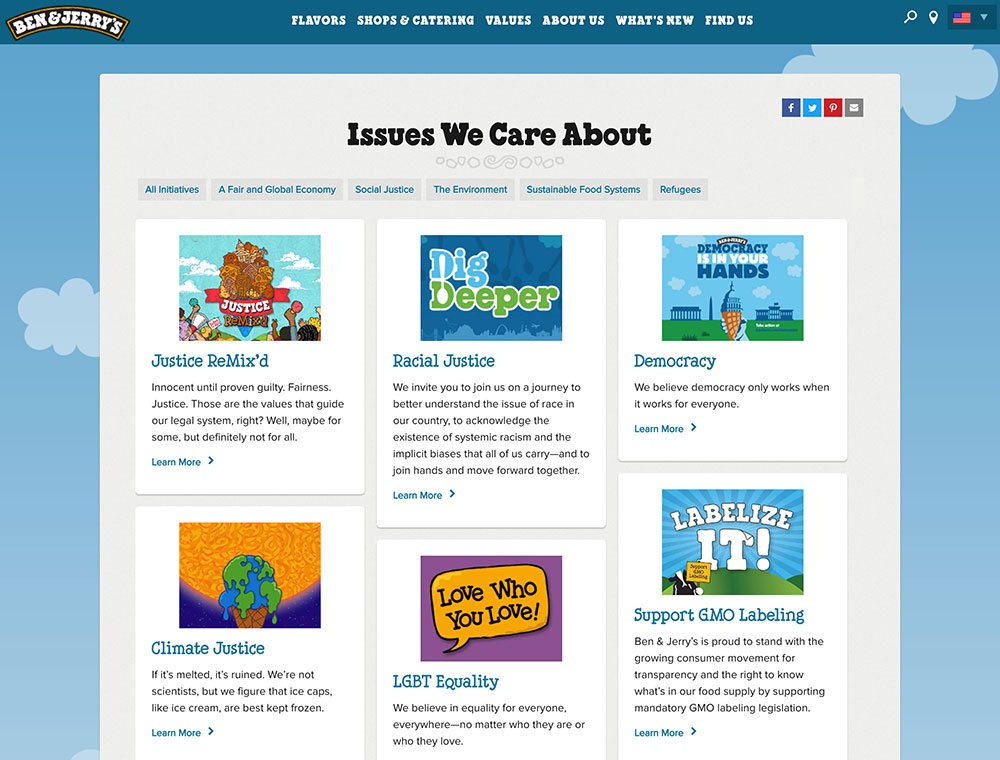 Page from Ben & Jerry's website focusing on the social issues it is invovled with