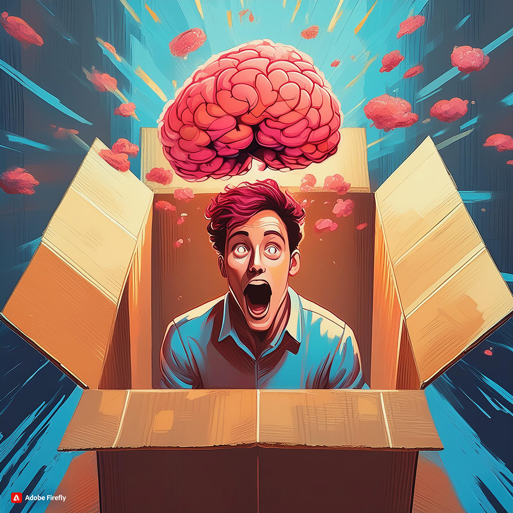 AI-generated image of a man's torso popping out of a box as he exclaims, with an oversized brain hovering above him, representing out of the box thinking