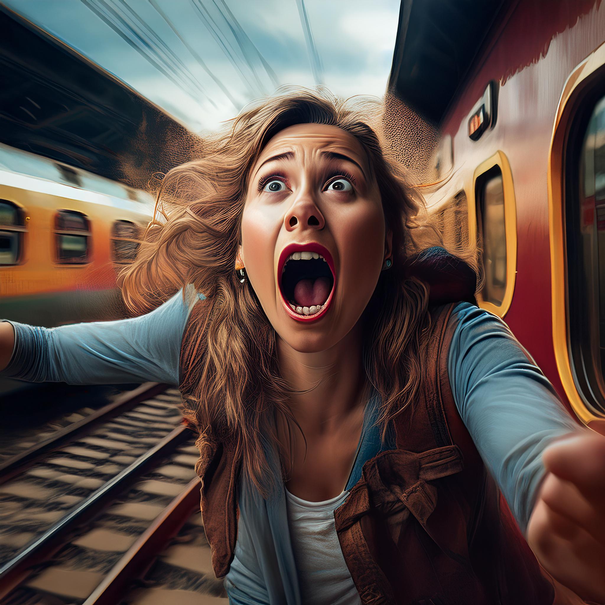 A woman screaming frantically as she runs toward a departing train at a station