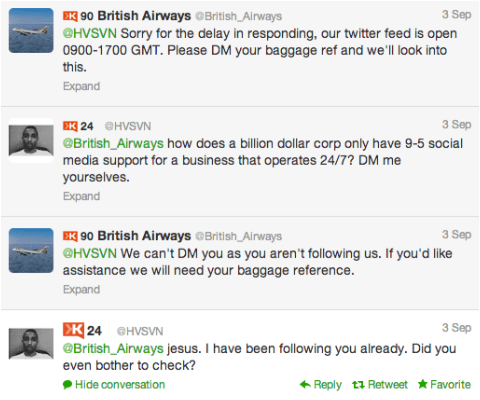 Negative interaction between British Airways and a customer on social media