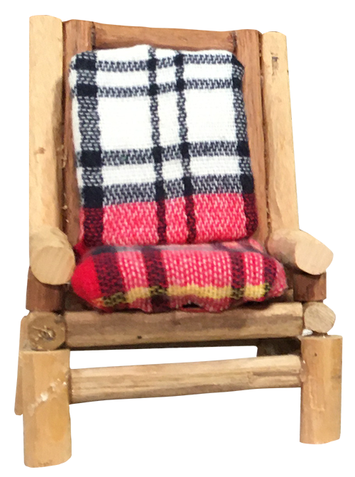 wooden chair with plaid cusions