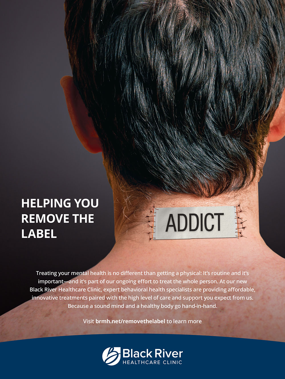 Black River Memorial Hospital billboard showing a woman with a tag saying addict stitched into her neck; billboard says helping you remove the label