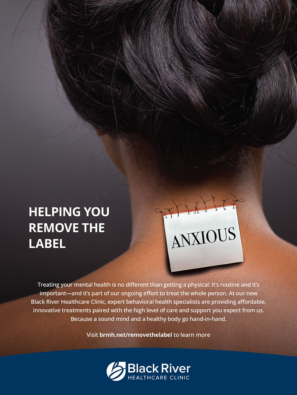 Black River Memorial Hospital billboard showing a woman with a tag saying anxious stitched into her neck; billboard says helping you remove the label