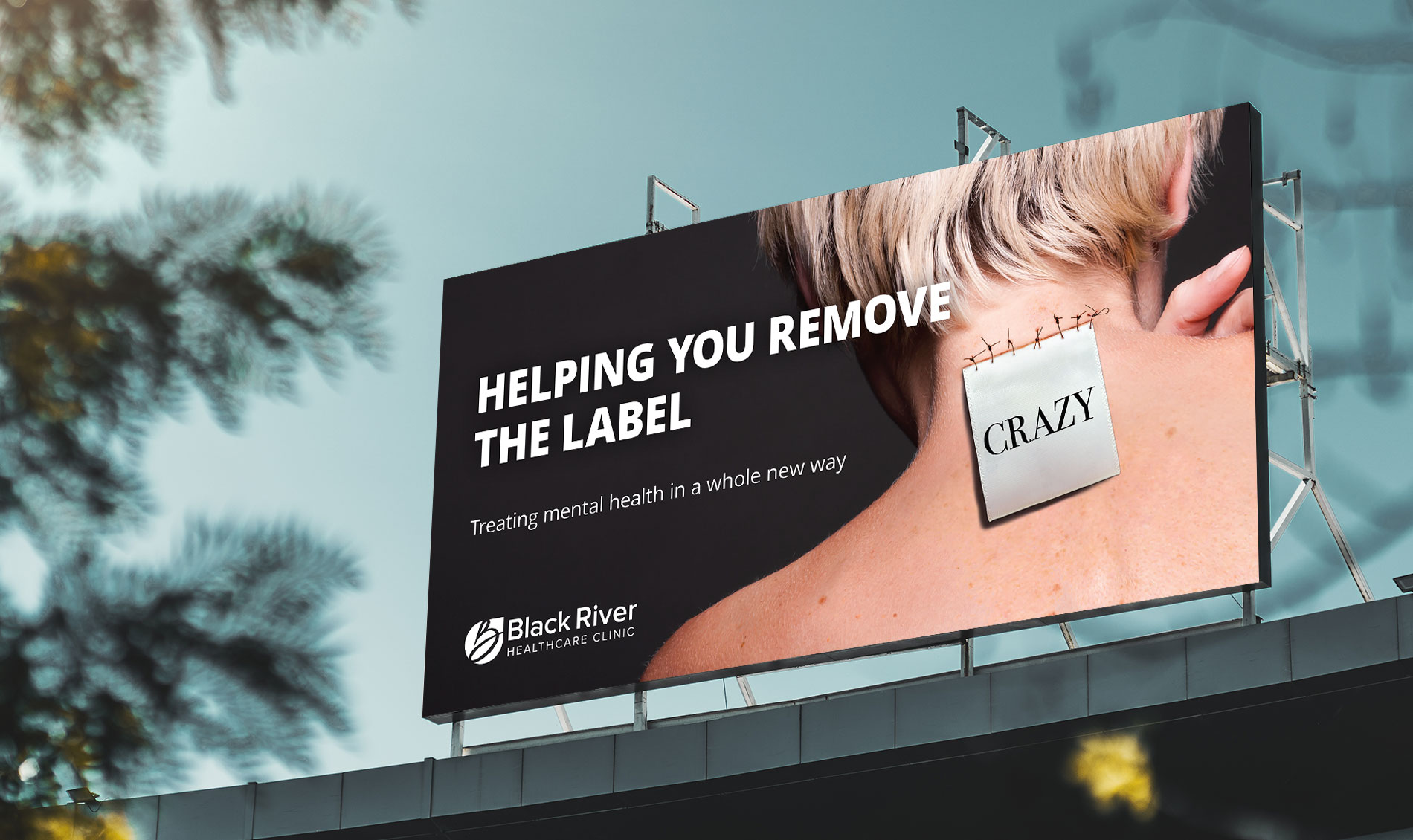 Black River Memorial Hospital billboard showing a woman with a tag saying crazy stitched into her neck; billboard says helping you remove the label