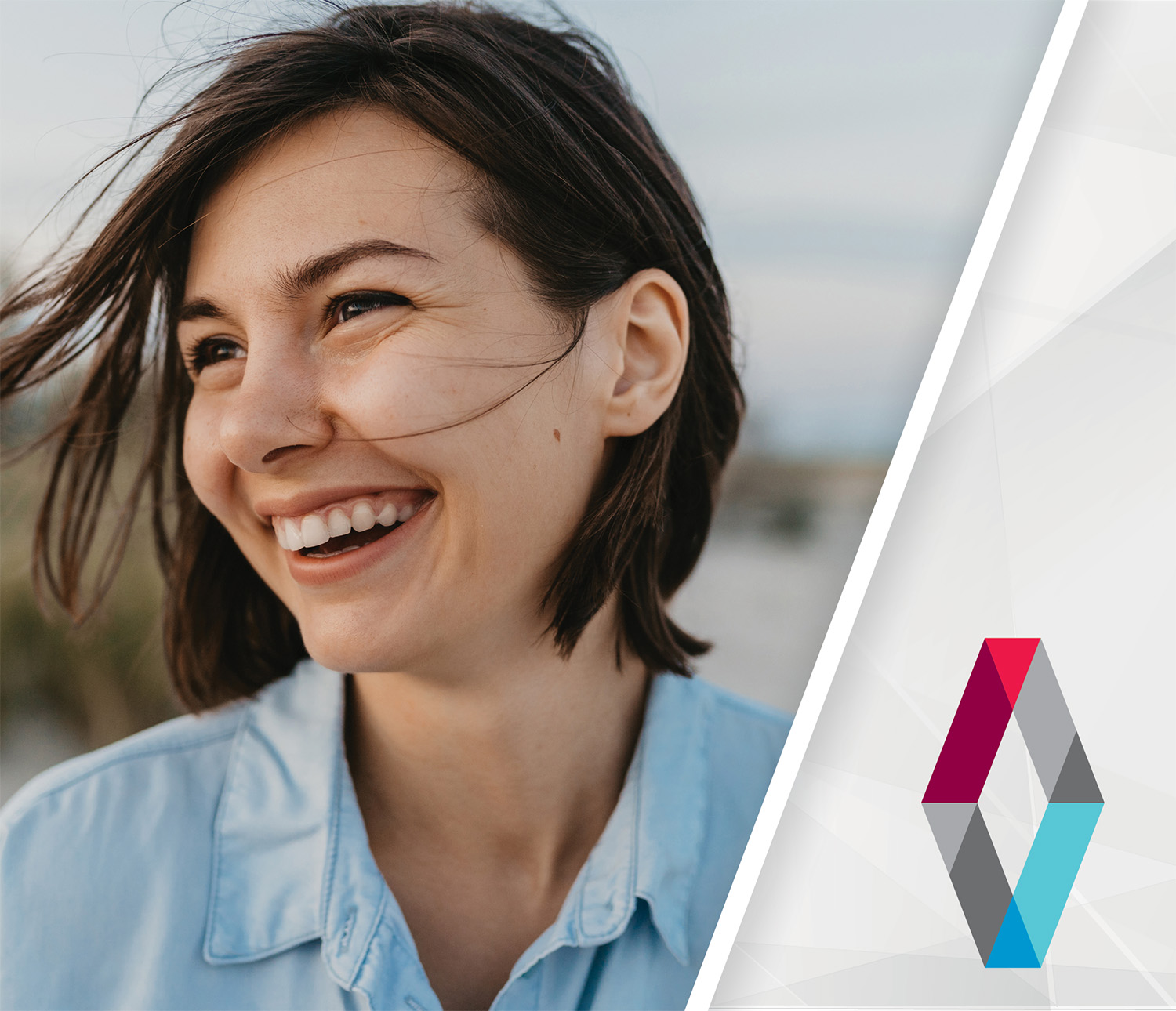 Portrait of a smiling woman, with the Covance logo