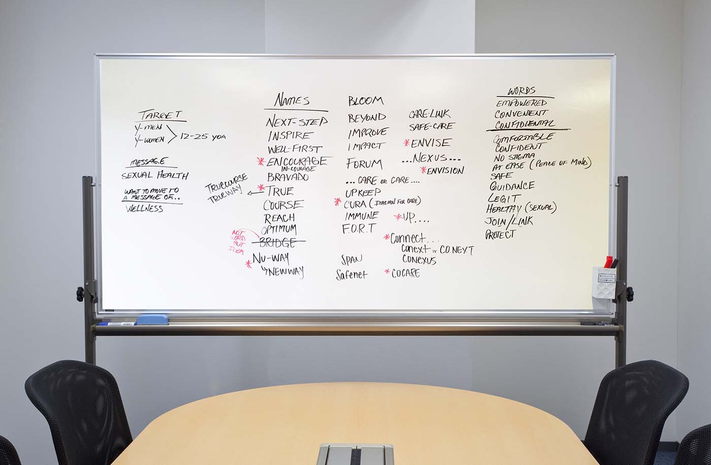 whiteboard showing brainstorming process for new Healthfirst name