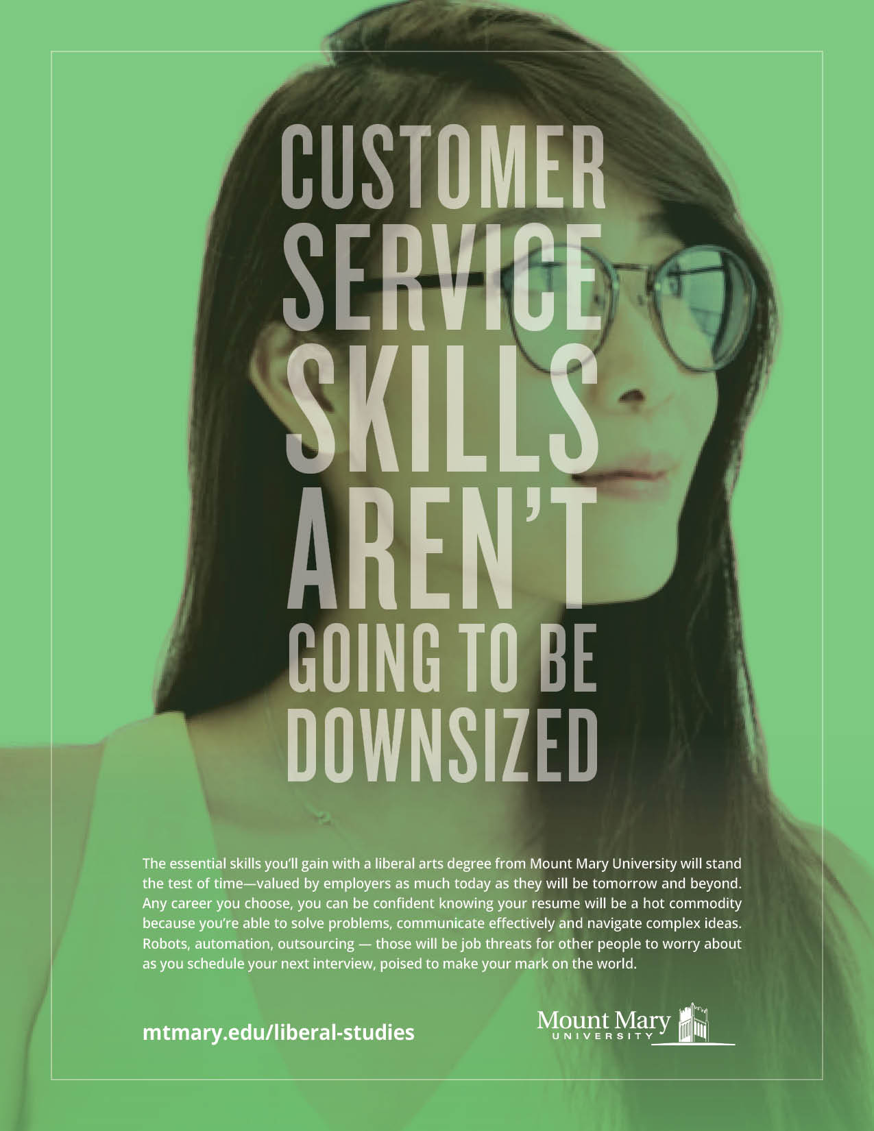 Mount Mary University liberal arts print ad; customer service skills aren't going to be downsized