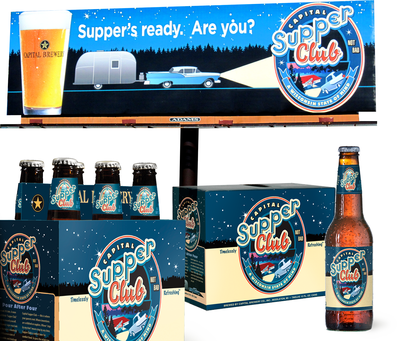 Capital Brewery Supper Club six-pack of bottles, 12-pack of cans, single bottle and billboard