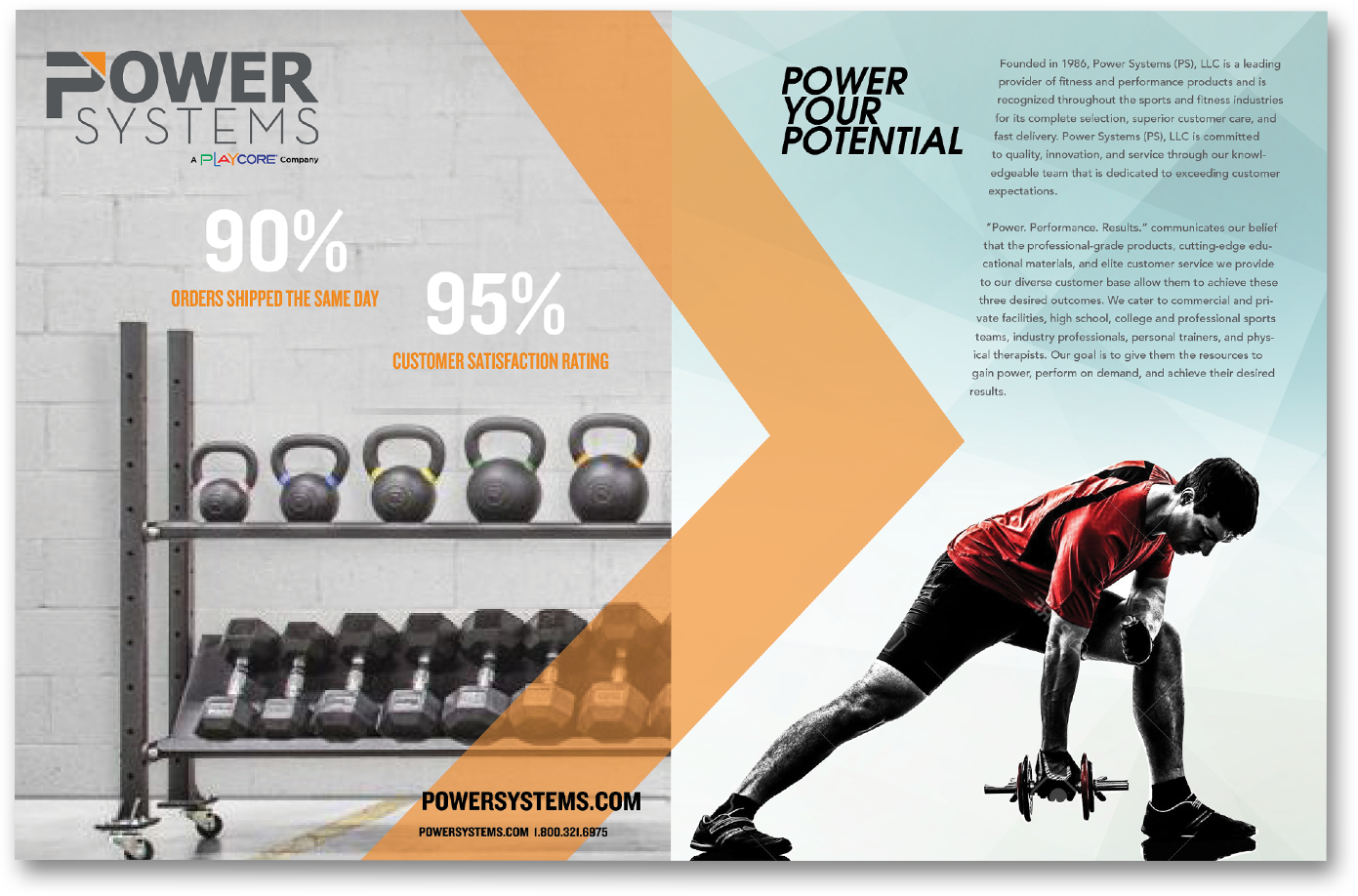 Power Systems catalog page; row of free weights and kettle bells next to a man lifting weights