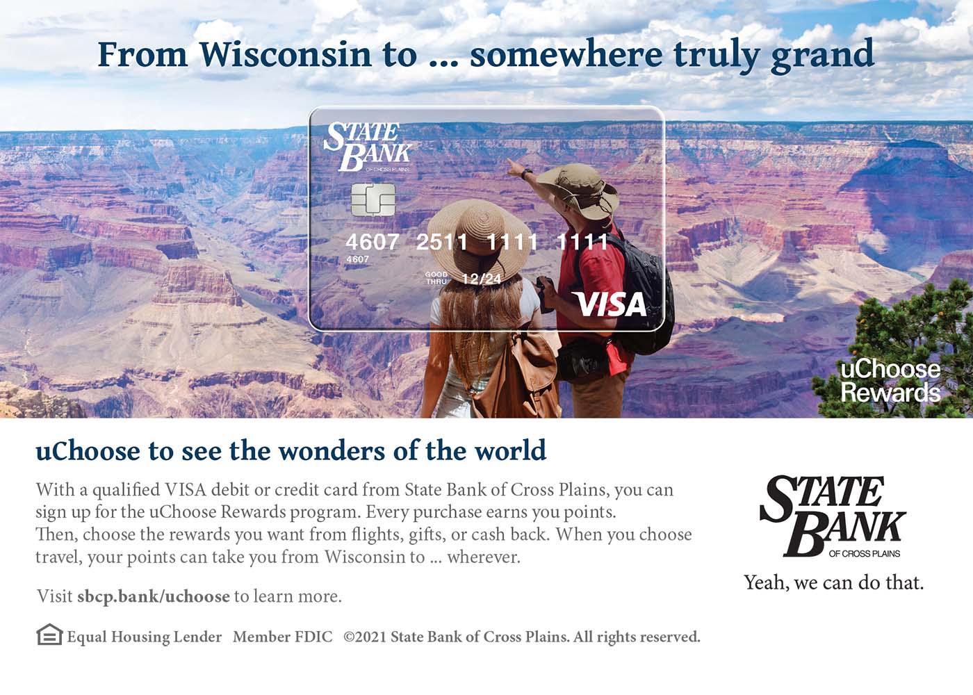 State Bank of Cross plains print ad. From Wisconsin to somewhere truly grand