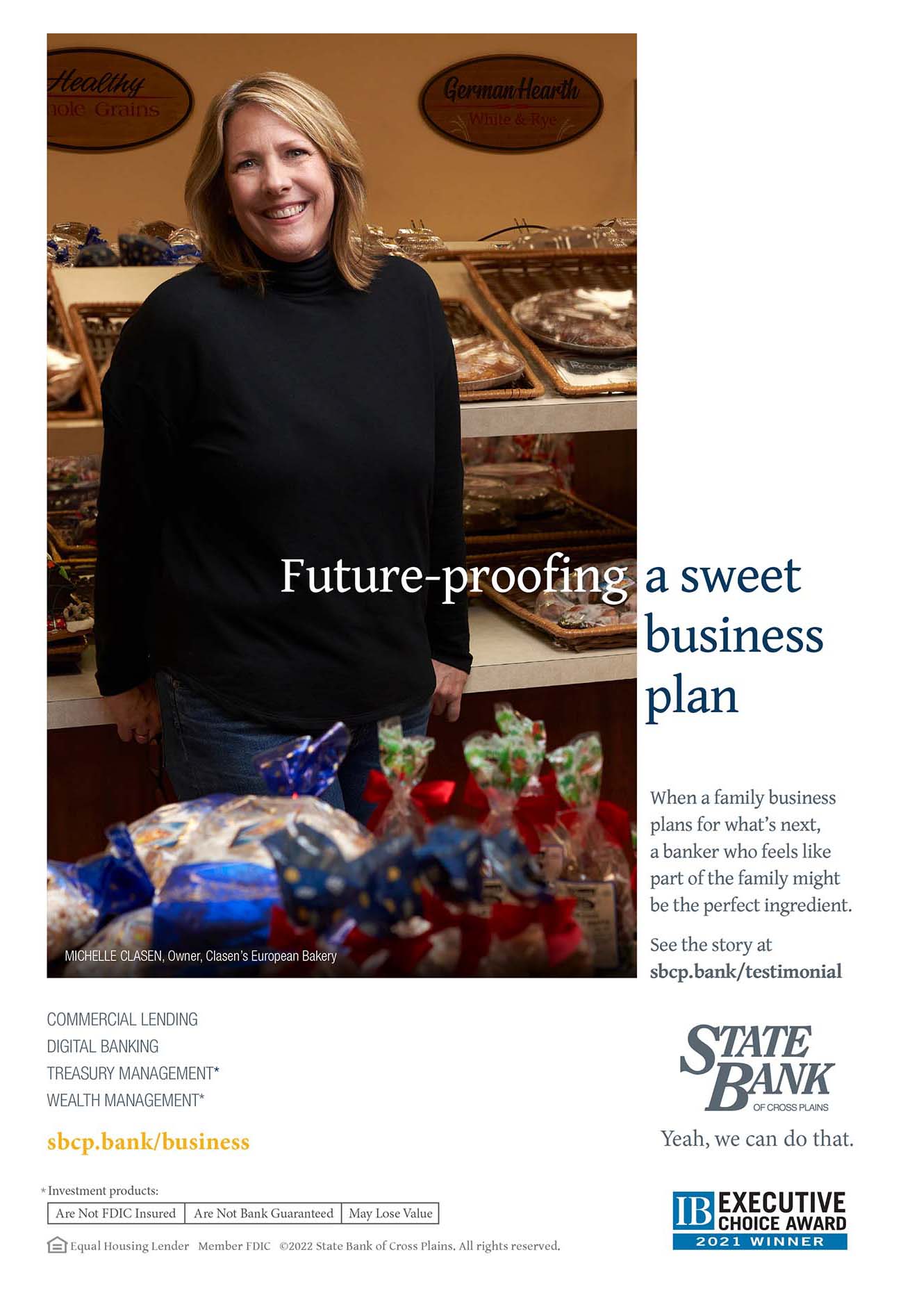 State Bank of Cross Plains print ad for Clasen's bakery