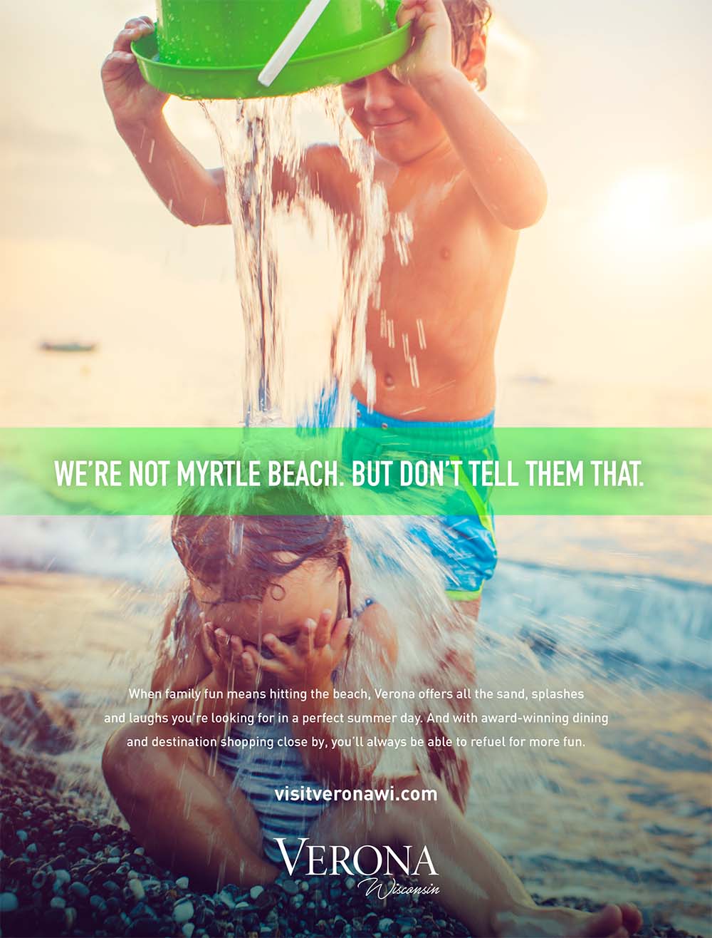 Verona Area Chamber of Commerce print ad: We're not Myrtle Beach but don't tell them that; two children playing on the beach