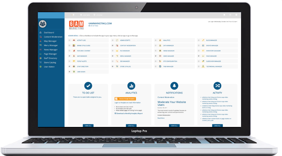 laptop screen showing Hits in a Box content management system dashboard