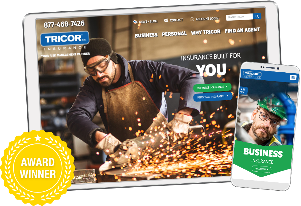 TRICOR Insurance website displayed on a tablet and phone and labeled award winner