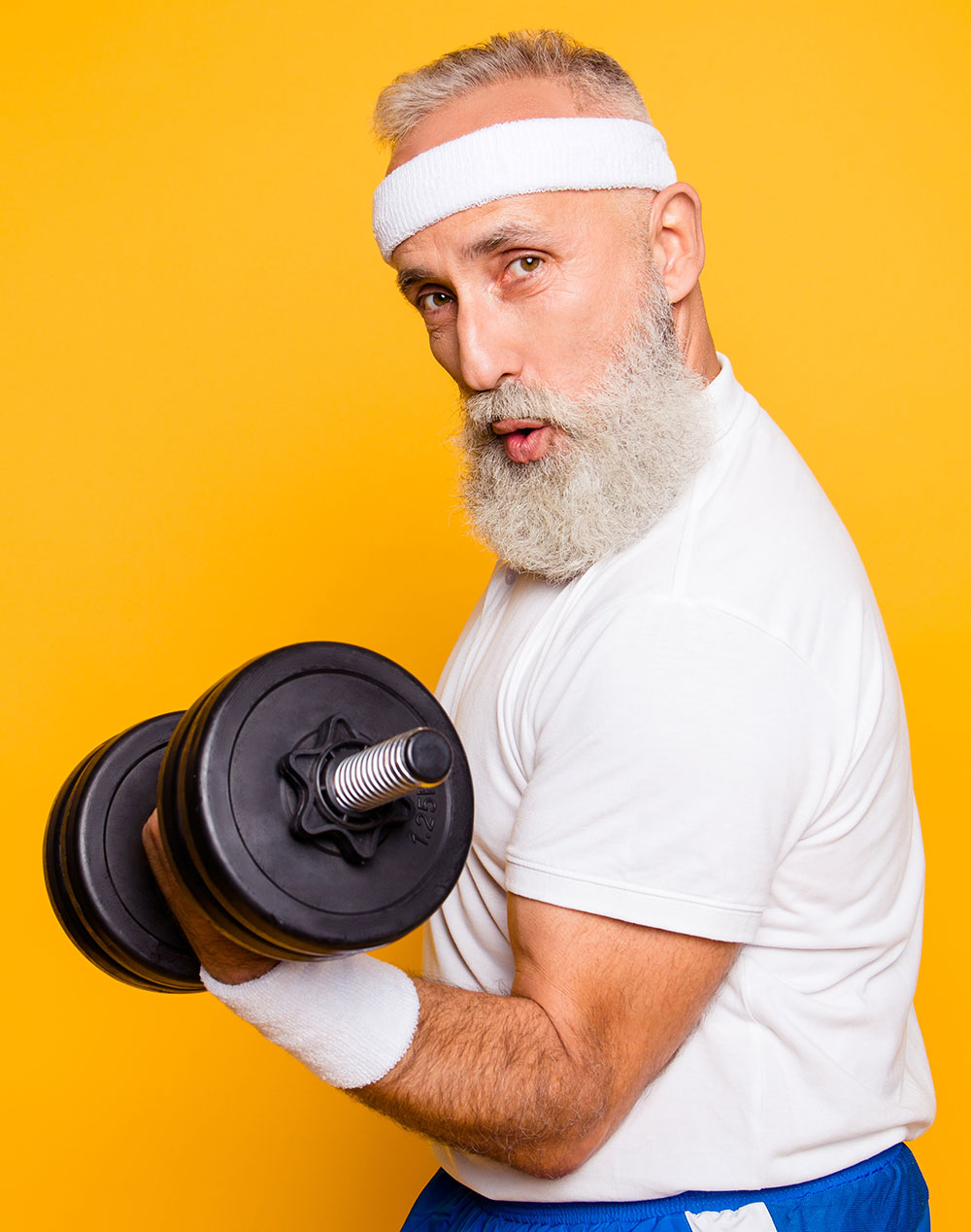 elderly man doing a dumbbell curl — healthcare marketing digital work