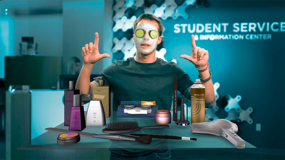 man standing in front of a countertop full of beauty supplies — higher education marketing video work