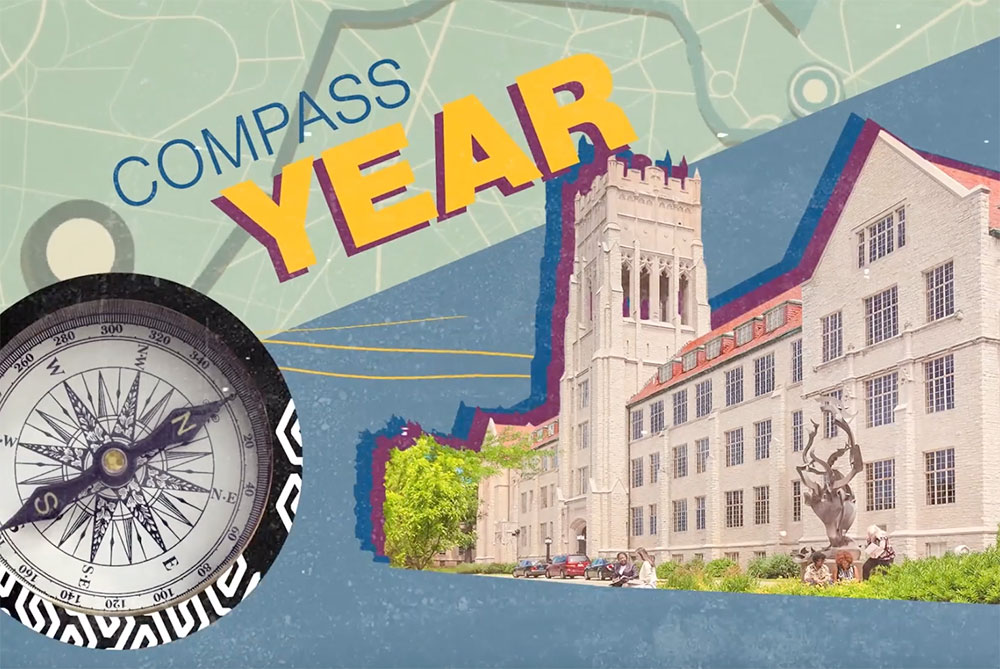 graphic of a compass and Mount Mary University building; higher education marketing case study